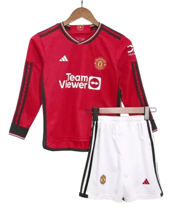 Manchester United Long Sleeve Home Jersey Kit 2023/24 Kids(Jersey+Shorts)
